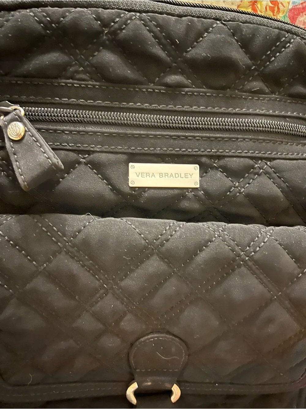 Vintage Retired Vera Bradley Black Quilted Zip Backpack Zebra Lining